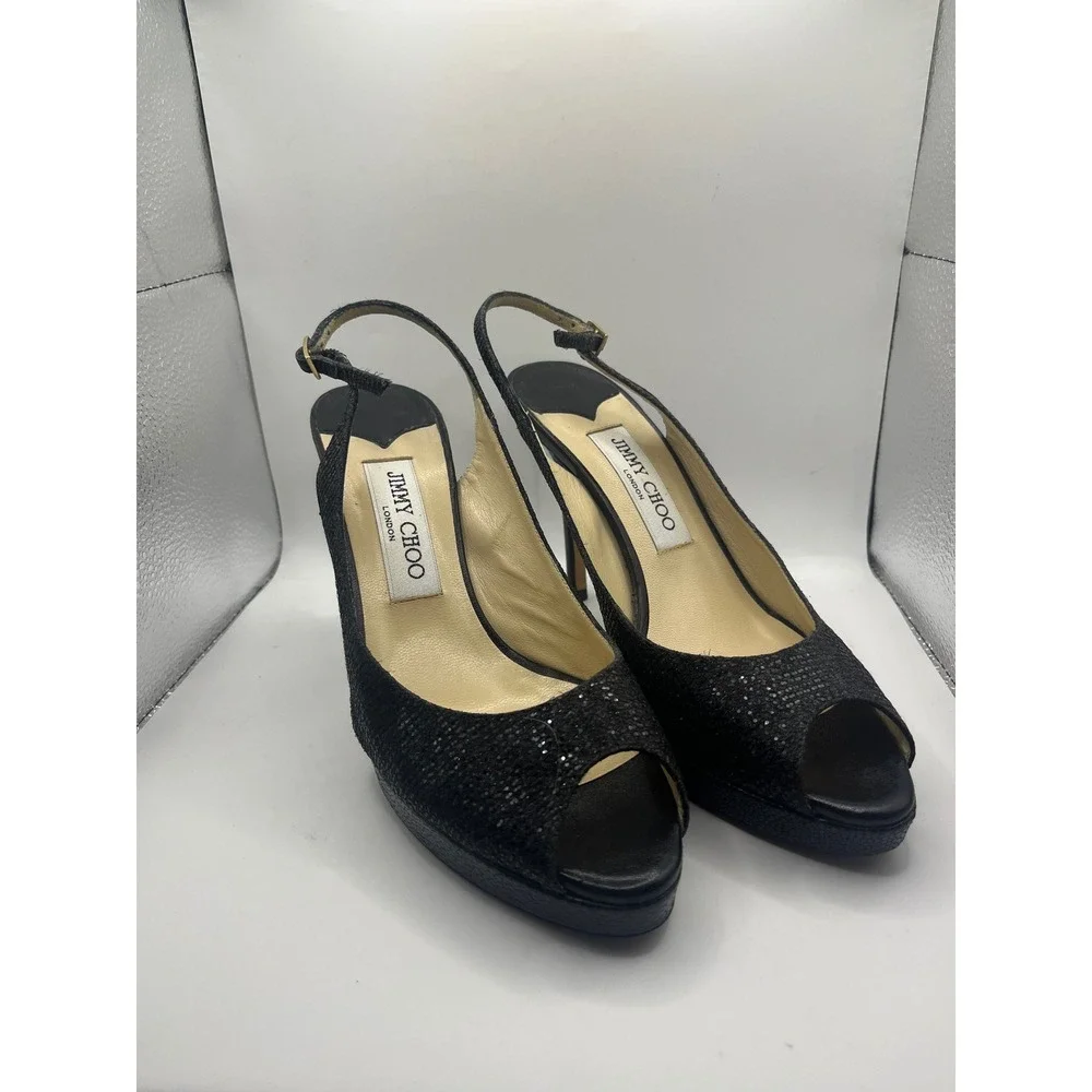 Jimmy Choo Glitter Peep Toe Slingback Heels Black Made in Italy Size 38